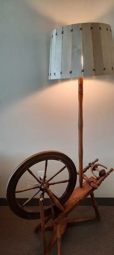 Unique Wood Floor Lamp, Spinning Wheel Base, 1970's, View more
