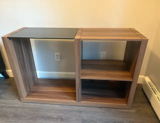 Seniqua 47 Inch Sofa Table With Black Glass Top, Open Shelves in Other Tables in Bedford - Image 2