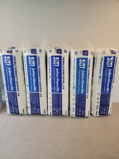 I am selling five packages of Johns Manville R20 2057J Fibreglass Batt Insulation for Attics and Flo...