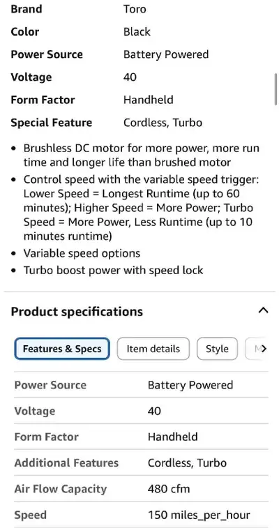 Toro PowerPlex 40V Cordless Leaf Blower, View more