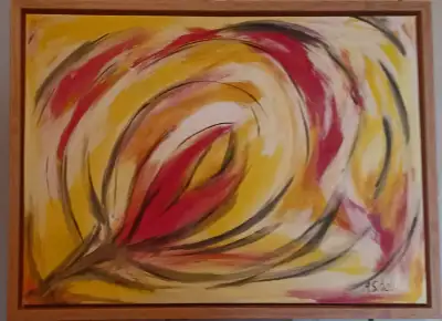 This abstract, original, acrylic painting is painted by A. Schell, and measures 18 inches (46 cm) by...