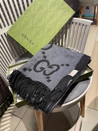 New Gucci Dark Grey GG Logo Wool Blended Scarf Shawl Wrap