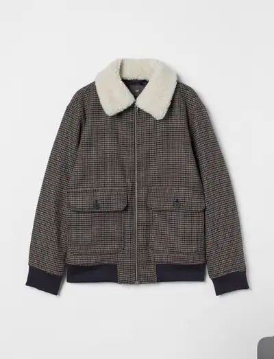 H&M Brown Checked Jacket Large – Shearling Collar, View more