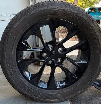 Set of 5 Jeep OEM 20” High Gloss Black Wheels on Bridgestone 275/70/17 (33” Set Up). Rims and Tires...