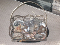 Handmade Twig Basket with shells, bark, rocks