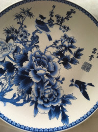 Bluebirds and peonies ceramic decorative plate
