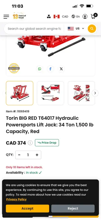 This "BIG RED" T64017 hydraulic powersports lift jack is perfect for motorcycle and ATV maintenance,...
