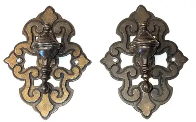 For sale is a wonderful oversized pair of Ornate Brass Vintage Cabinet/Door Pulls with Attached Plat...