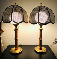 RARE! Pair of MCM tall Brass, Wood and Wicker rattan lamps
