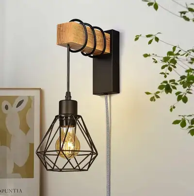Modern Plug in Wire&Wood Cage Wall Lamp Industrial Light Fixture, View more