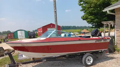 RED & CREAM COLOUR BOAT HAS A 50HP MERCURY MOTOR RUNS VERY WELL COMES WITH 3 BRAND NEW LIFE JACKETS...