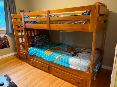 Wooden kids bunk beds with built in storage and mattresses, View more