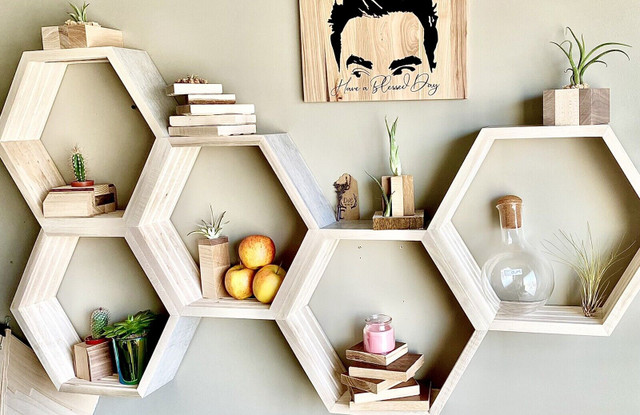♻️ Hexagon Shelf - Glacier Grey Maple Hardwood ♻️ in Bookcases & Shelving Units in Winnipeg - Image 3