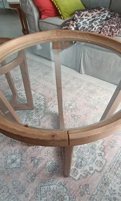 Pair of Structube Modern Farmhouse Nesting Tables Acacia & Glass, View more