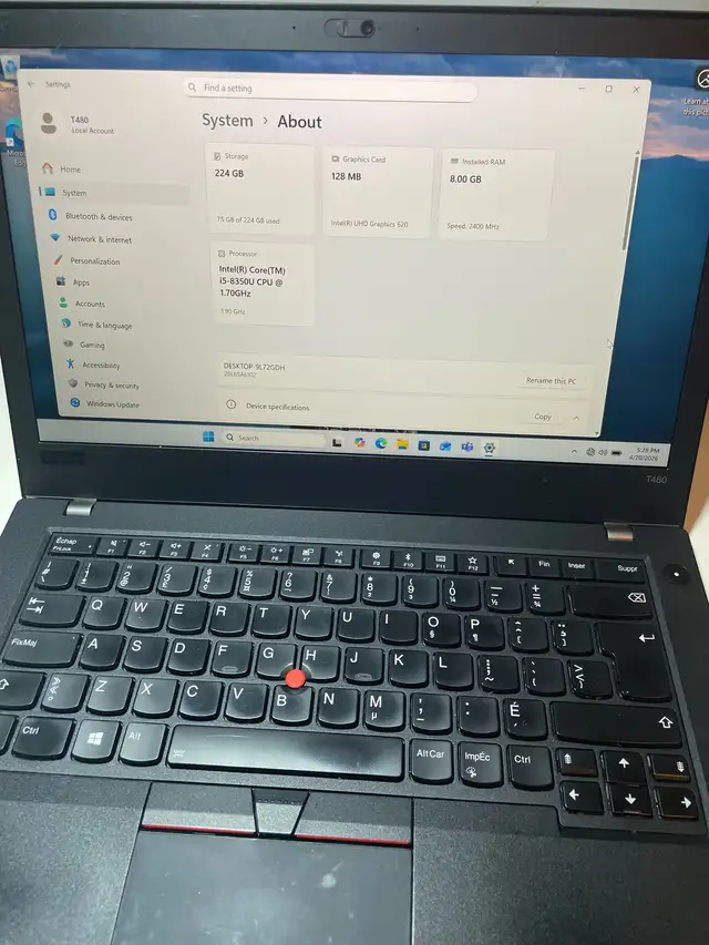 Lenovo Thinkpad T480 I5 8th Gen in Laptops in City of Montréal - Image 6