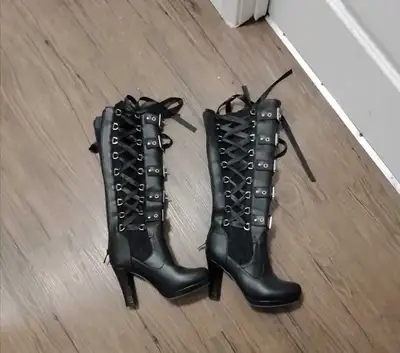 Gothic Black Faux Leather Lace-Up Knee High Heel Boots, View more