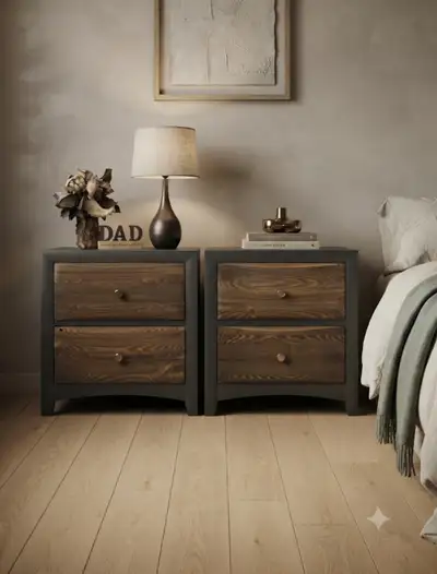 Refinished pair of pine nightstands, View more