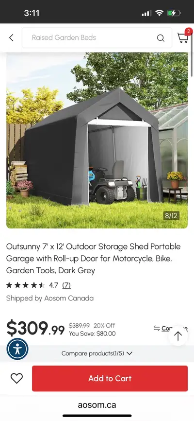 Outsunny 7' x 12' Outdoor Storage Shed Portable Garage with Roll, View more