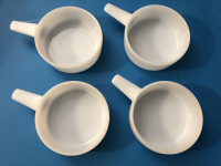 4-White milk glass soup bowls with handle- Vintage J2639 