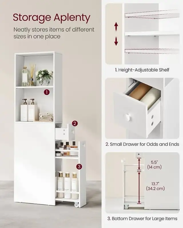 Tall Bathroom Cabinet, Slim Bathroom Storage Cabinet, Freestandi in Bathwares in Markham / York Region - Image 5