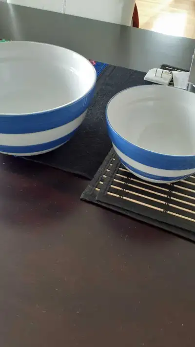 Attractive in blue and white striped bowls One large and one smaller . Sitting in cupboard as new Mo...