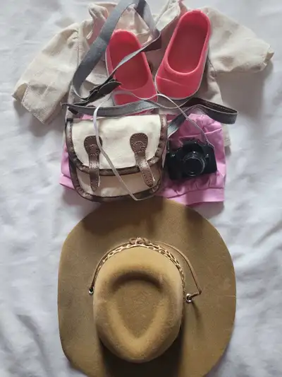 Our Generation Doll outfit Shirt, hat, shorts, shoes, headband, camera and purse Fits any 18 inch do...