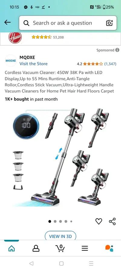 Cordless Vacuum Cleaner: 450W 38K Pa with LED Display,Up to 55 M, View more