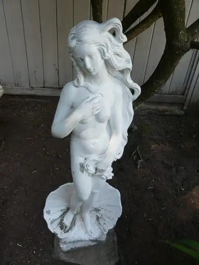 Birth of Venus garden statue – cement, painted white (chipping), chip out of base corner, 33.5”x7”x1...