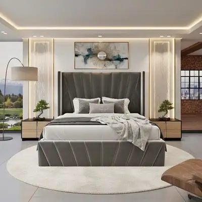 Storage Bed Frame with Upholstered Headboard, Hydraulic Lift-Up, View more