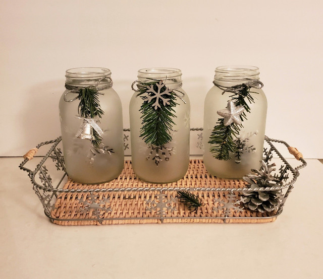Metal Snowflake Tray With Three Frosted Mason Jars in Holiday, Event & Seasonal in Kitchener / Waterloo - Image 2