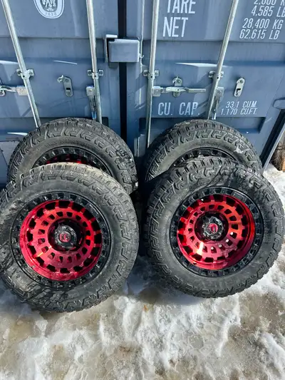 Set of 4 fuel rims with tires size is 20/12.50/35. No dents or dings, tires will eventually need rep...