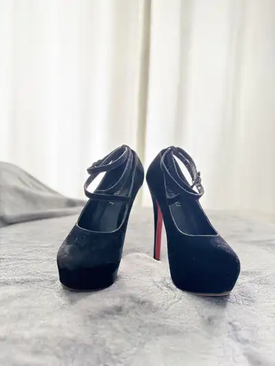 Black Velvet Platform Heels with Red Sole, View more
