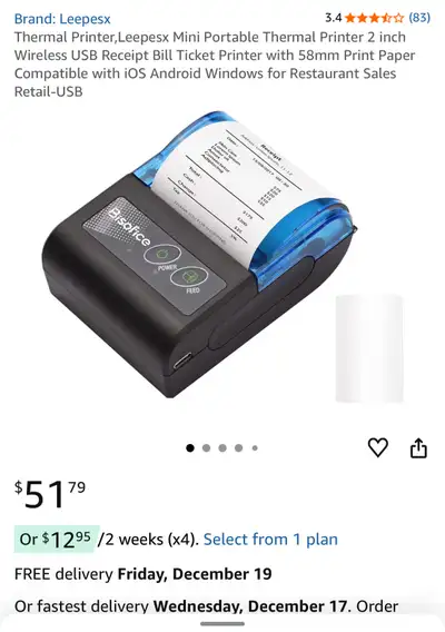 Leepesx mini portable thermal printer is a 2-inch wireless USB receipt bill ticket printer, perfect...