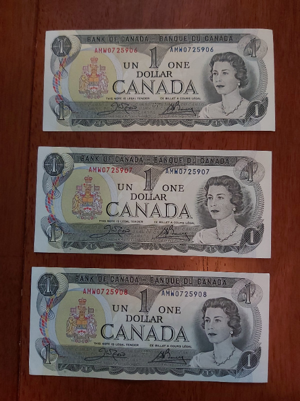 3 B of C 1973 $1 Bills Crow-Bouey AMW 0725906/907/908 (in Seq) in Arts & Collectibles in Saint John