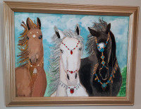 Three Horses Hand Painted on Glass Wall Art with Frame