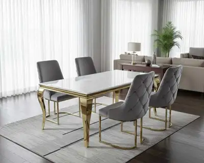 White Marble Dining Table with 4 Grey Chairs, View more