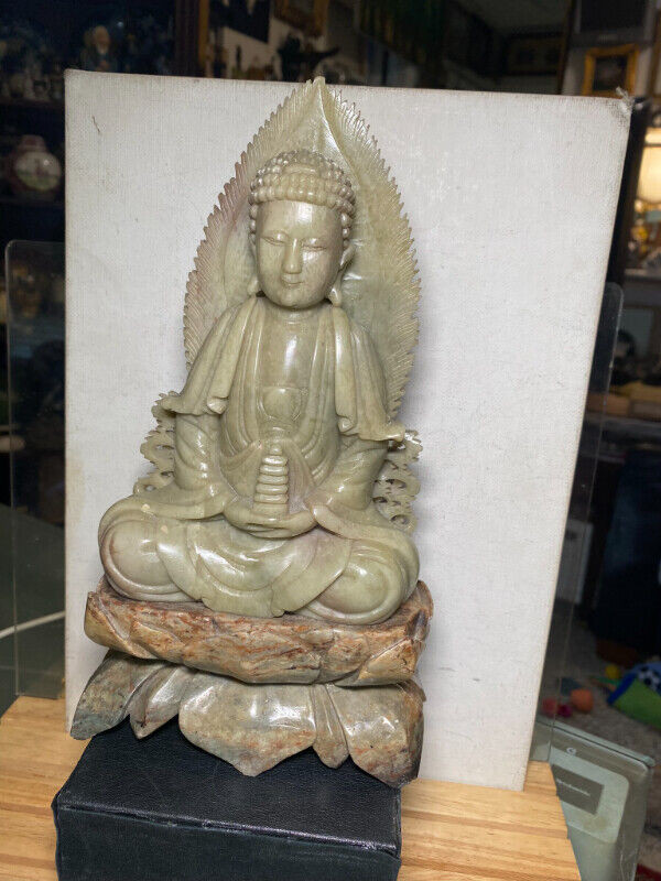 Chinese Antique Carved Stone Sits with Buddha Tower 9.5 ”. in Arts & Collectibles in Vancouver