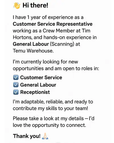 Hii I have one year experience of customer service representative as an crew member at tim Hortons a...