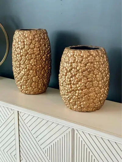 Large Ornate Muted Gold Plaster Vase Set, View more