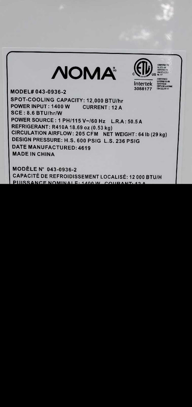 Climatiseur portatif  Noma 12000 btu dans Chauffages et humidificateurs  à Sherbrooke - Image 4