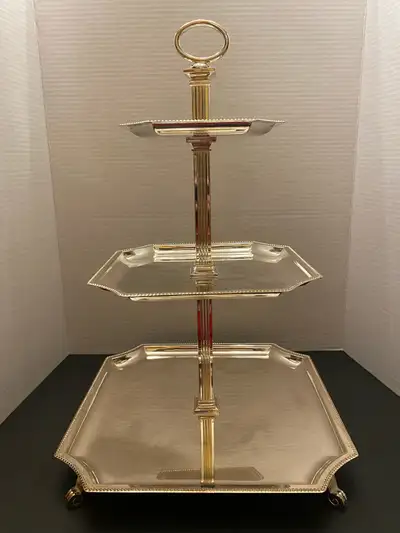 E.P. SILVER TONE 3 TIER SQUARE SERVING CAKE STAND WITH BEAD EDGE, View more