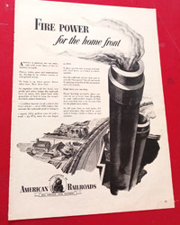 CLASSIC 1943 AMERICAN RAILROADS AD  FIREPOWER FOR THE HOME FRONT