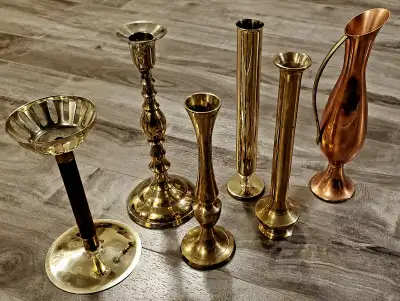 Numerous Tall Brass Candle Stick Holders & Copper Vase, View more