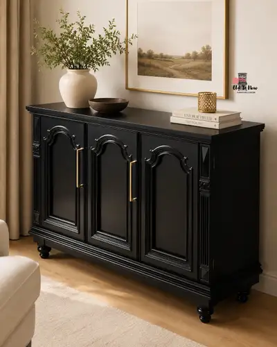 Elegant Black Entryway Cabinet with Gold Handles, View more