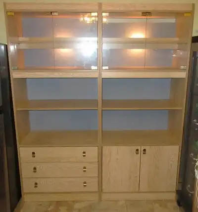 Lighted Dining Oak Cabinet Display With Glass Doors and Drawers, View more