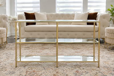 Gold & Glass Console / Display Tables – 2 Available, View more