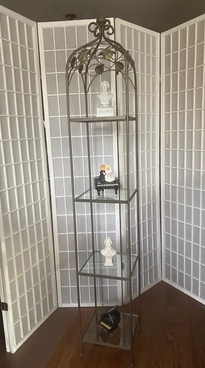 Vintage 4-tier metal glass shelving unit, View more