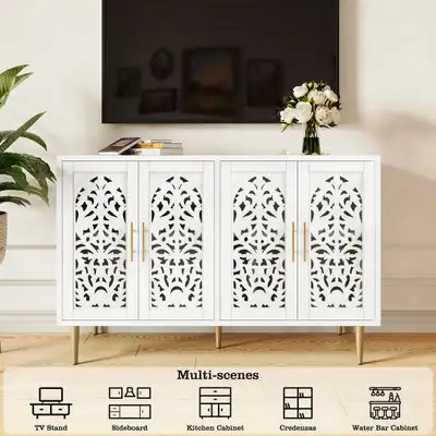 47.8" White 4-Door Vintage-Style Hollow Carved Accent Cabinet, View more