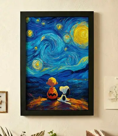 Printed framed poster 12 x 18 - Cozy Starry Night & Snoopy Frame, View more