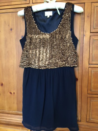 Rieley party dress with bronze/gold sequined overlay Size XS